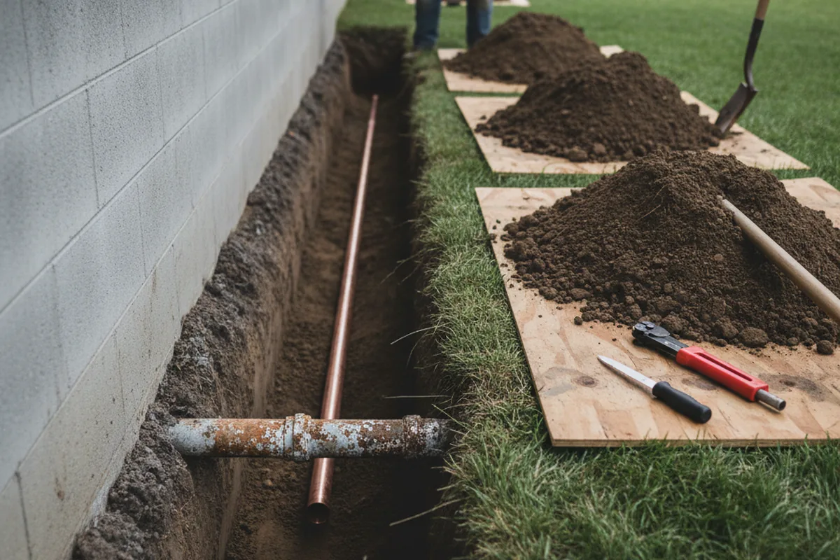 Excavated water line trench during Water Heater Repair in Kinta